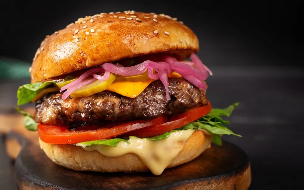 Burger artisanal au pain brioché, steak haché, cheddar fondu et oignons rouges