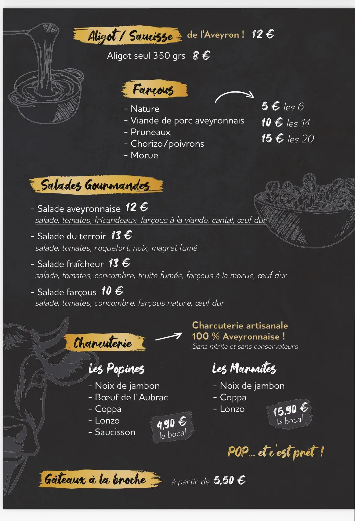 Carte du kiosque aveyronnais : aligot-saucisse, farçous et charcuterie artisanale sans nitrite