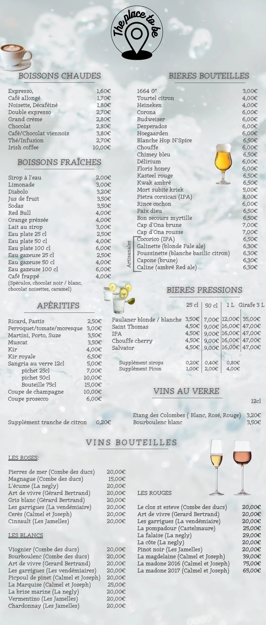Carte des bières, vins et boissons du bar de The Place to Be