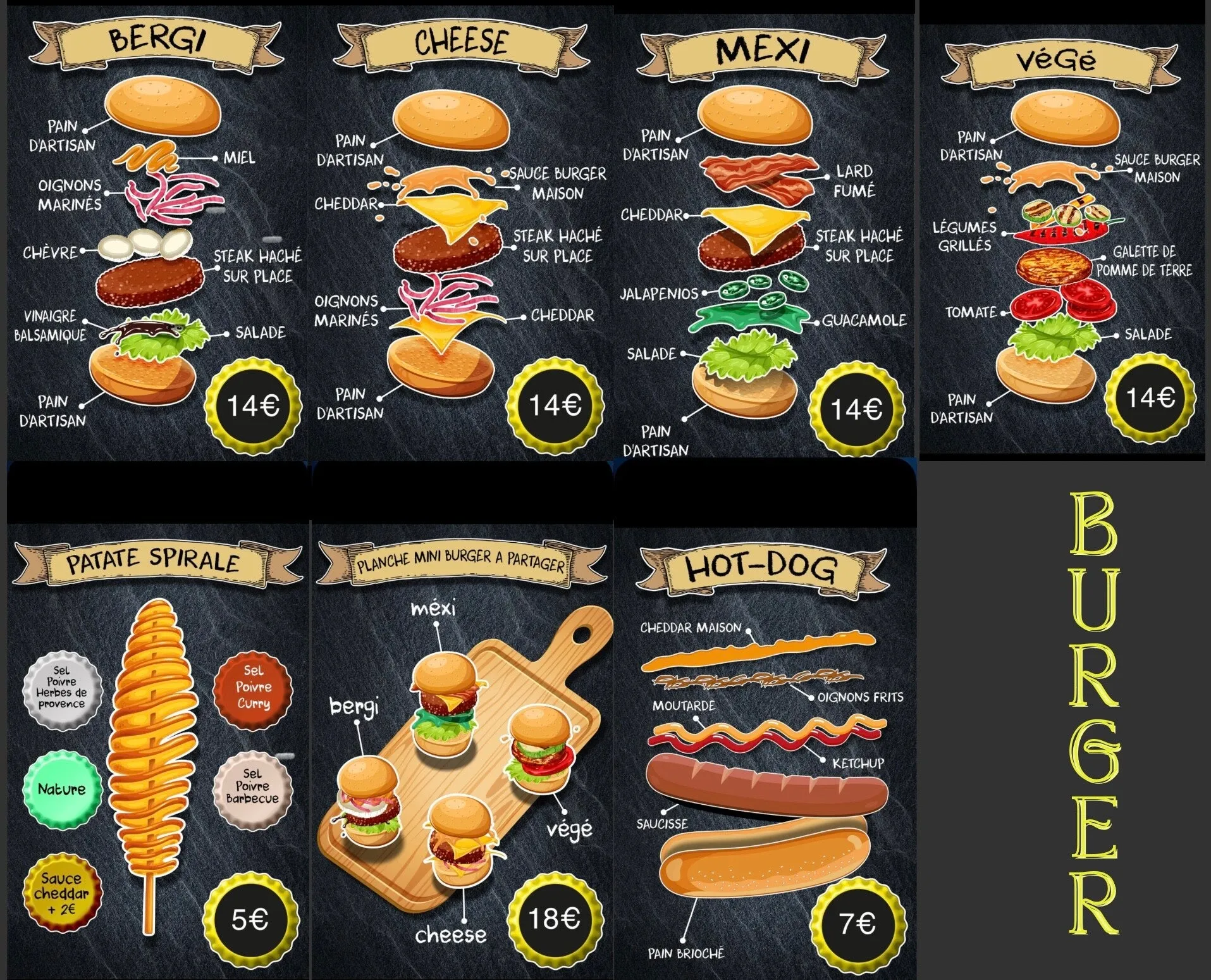 Carte des 4 burgers de Burger Sumer sur fond ardoise : Bergi, Cheese, Mexi et Végé