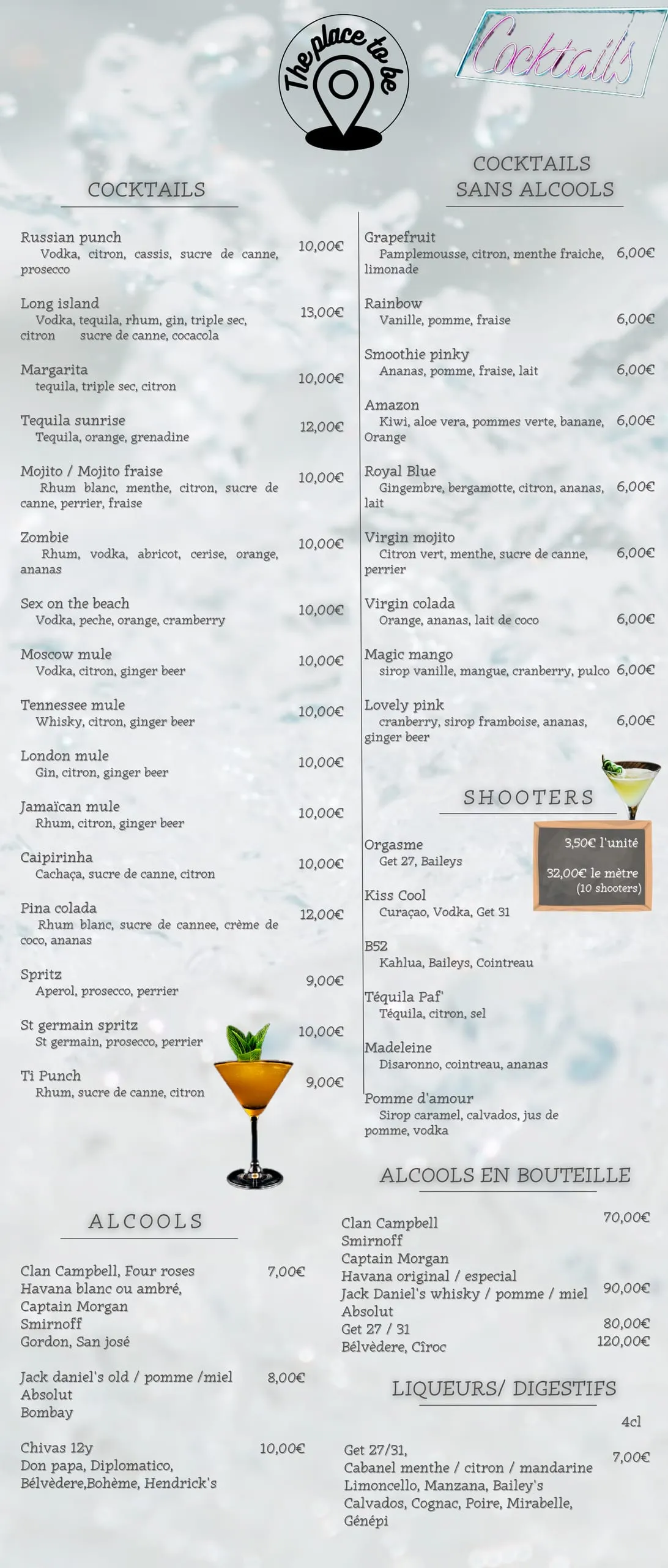 Carte complète des cocktails et shooters du bar de The Place to Be à Saint-Pierre-la-Mer
