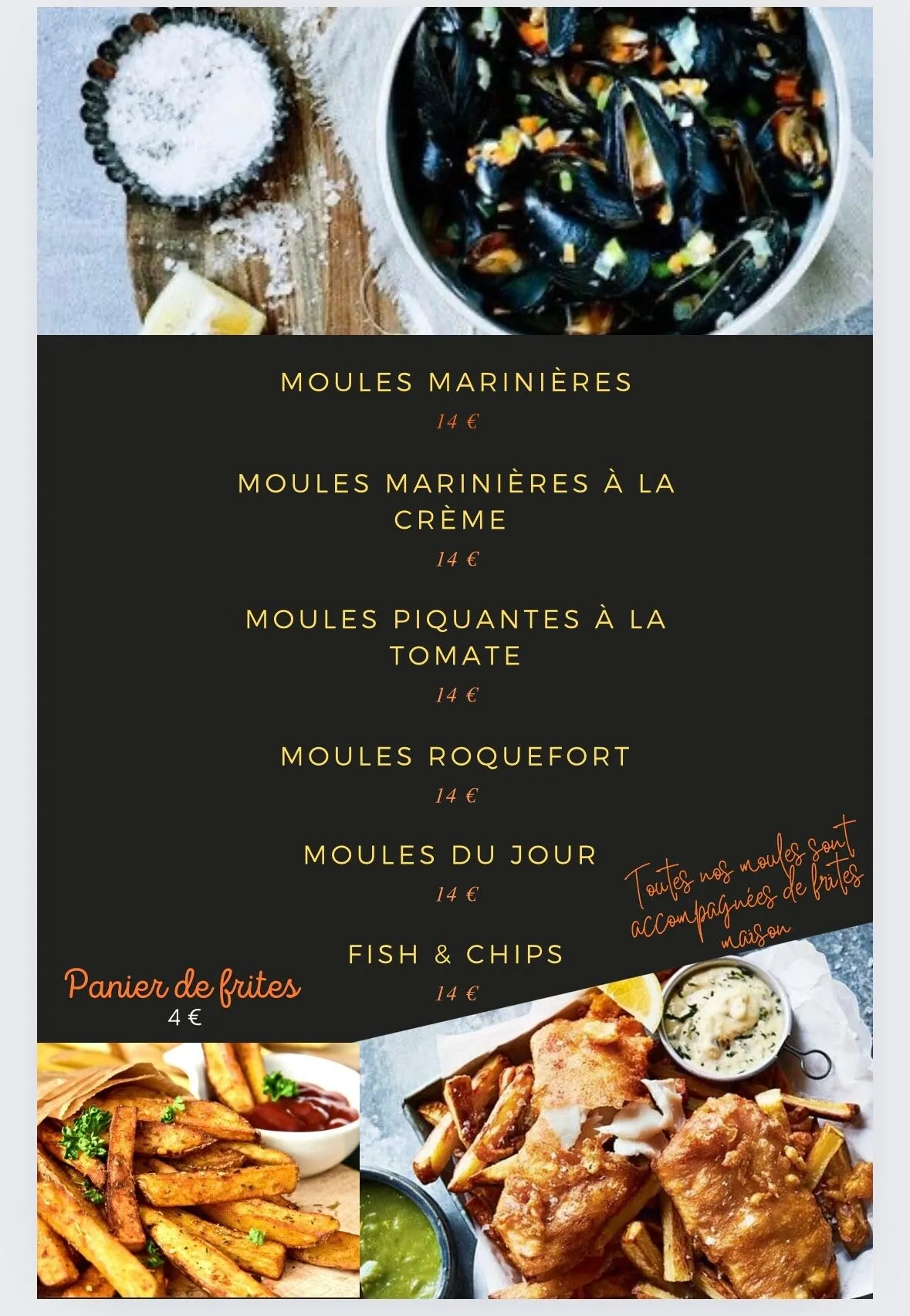 Carte du kiosque Moules et Fish and Chips : marinières, à la crème, piquantes, roquefort avec frites maison