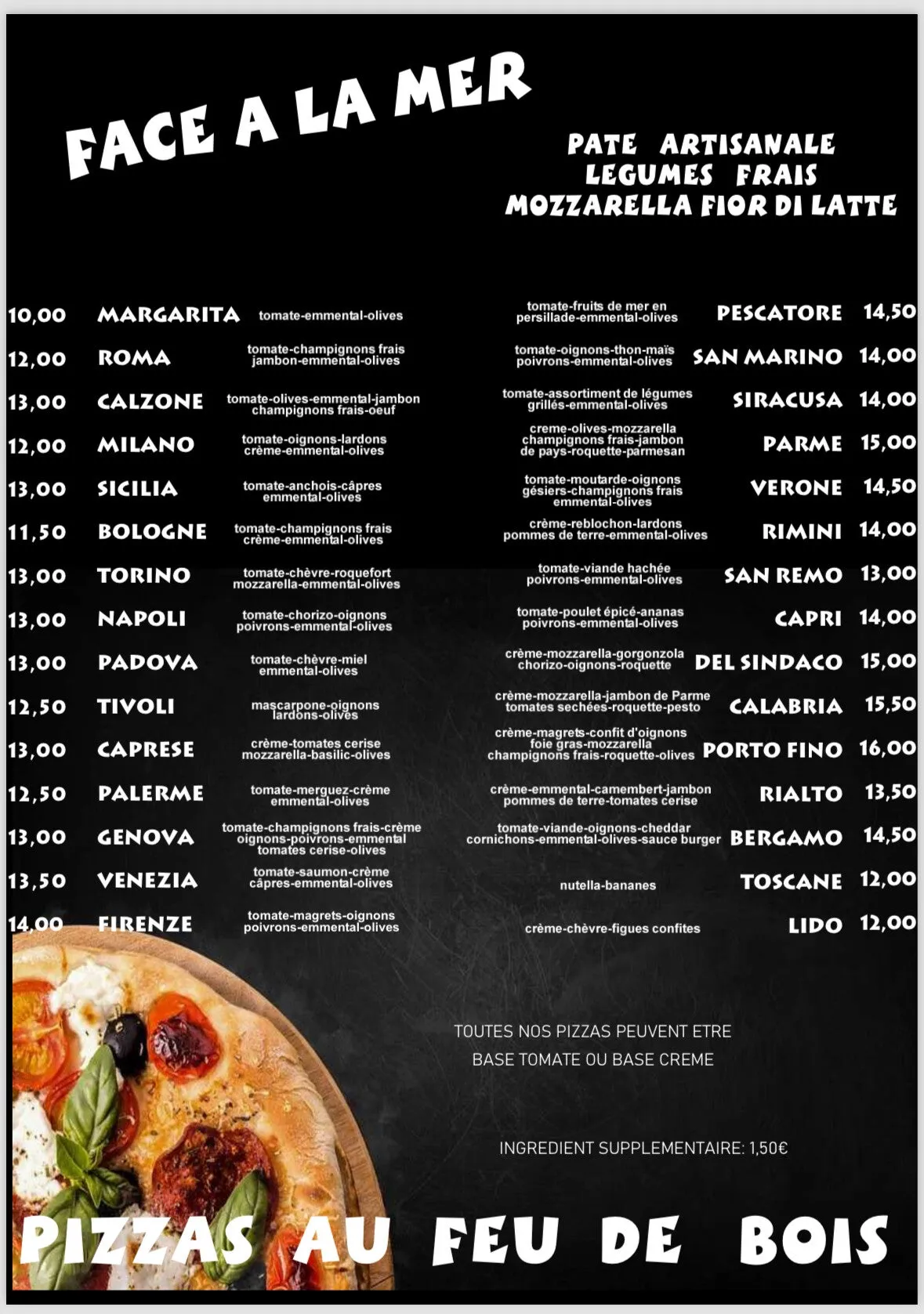 Menu de la pizzeria Face à la Mer, 30 pizzas au feu de bois avec pâte artisanale sur fond noir