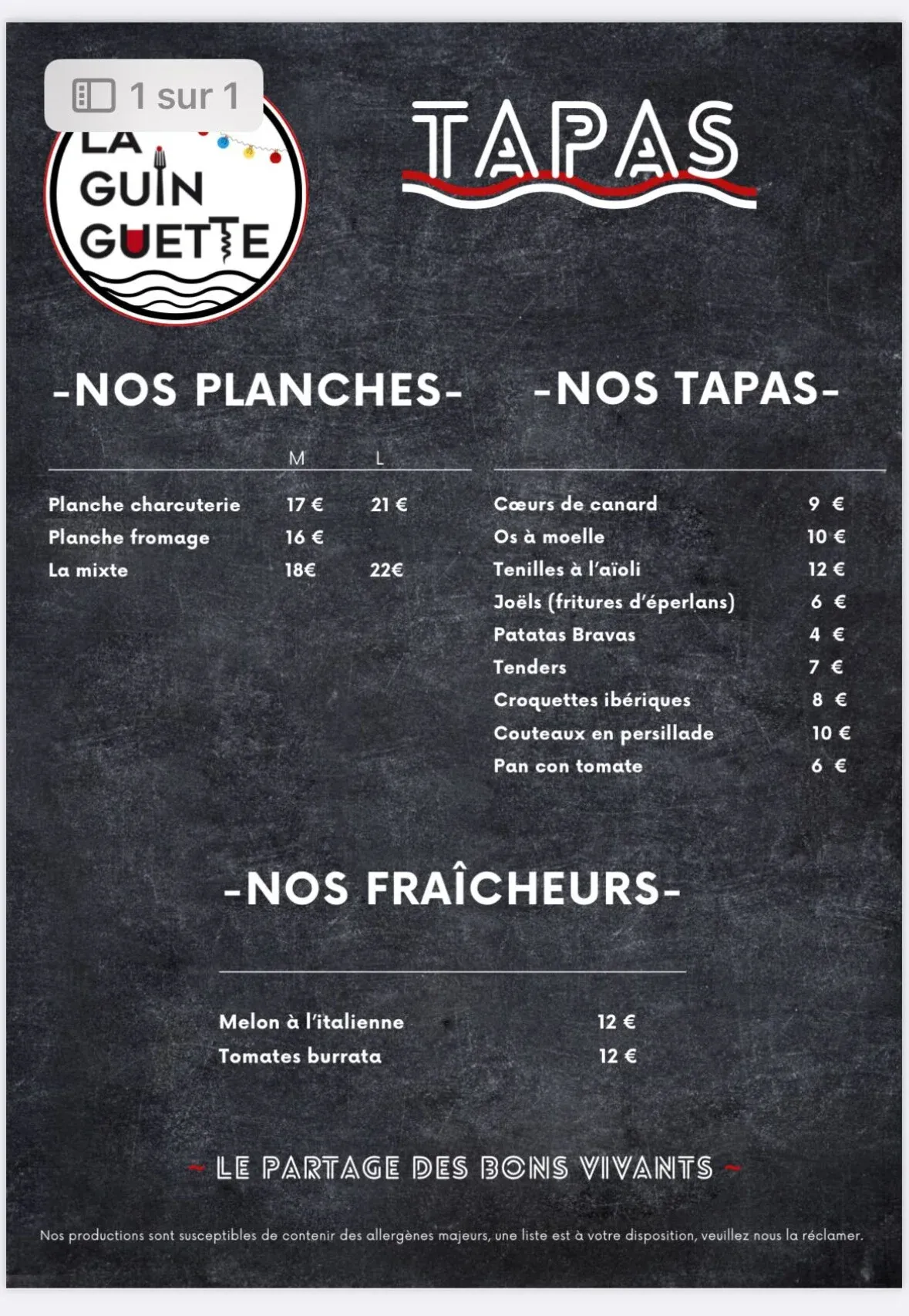 Carte de La Guinguette : planches charcuterie et fromage, tapas méditerranéens, fraîcheurs de saison