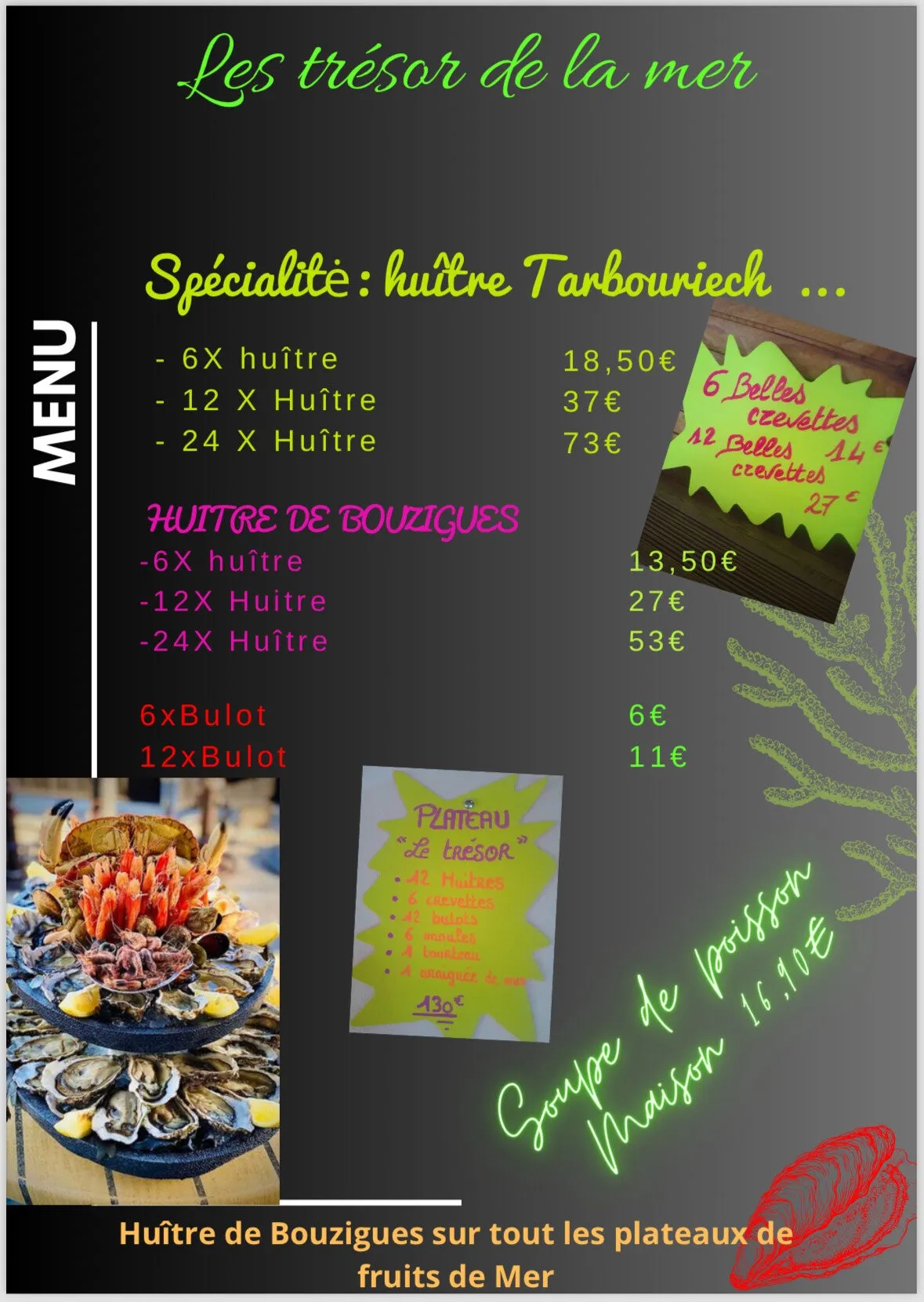 Carte du kiosque Trésor de la Mer : huîtres Tarbouriech et de Bouzigues, plateau fruits de mer